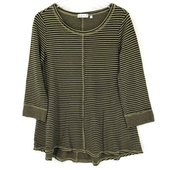 Habitat Olive Green and Black Stripe‎ Cotton V-Neck Relaxed Tunic Top Large - Picture 1 of 9